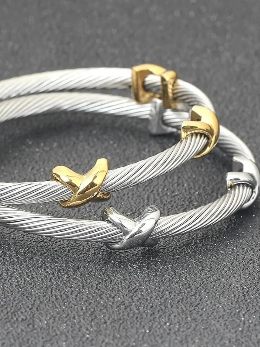 Two-Tone Twisted Cable Open Cuff Bracelet - Silver & Gold - Picture 3 of 6
